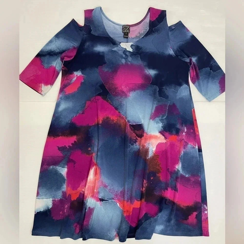 3 FOR $15 Clara Sun Woo Watercolor Pink and Blue Open Shoulder Swing Dress SZ L